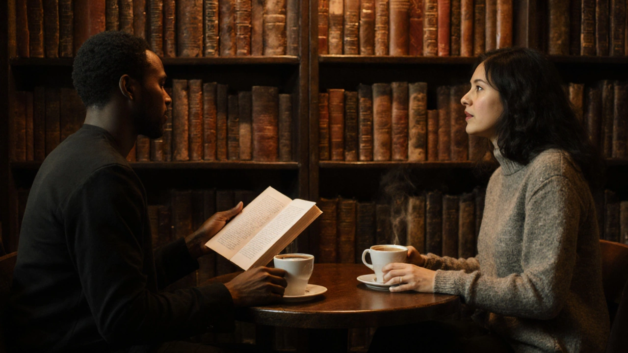 A couple enjoying coffee at a book-filled café in Notting Hill, surrounded by shelves of old books.