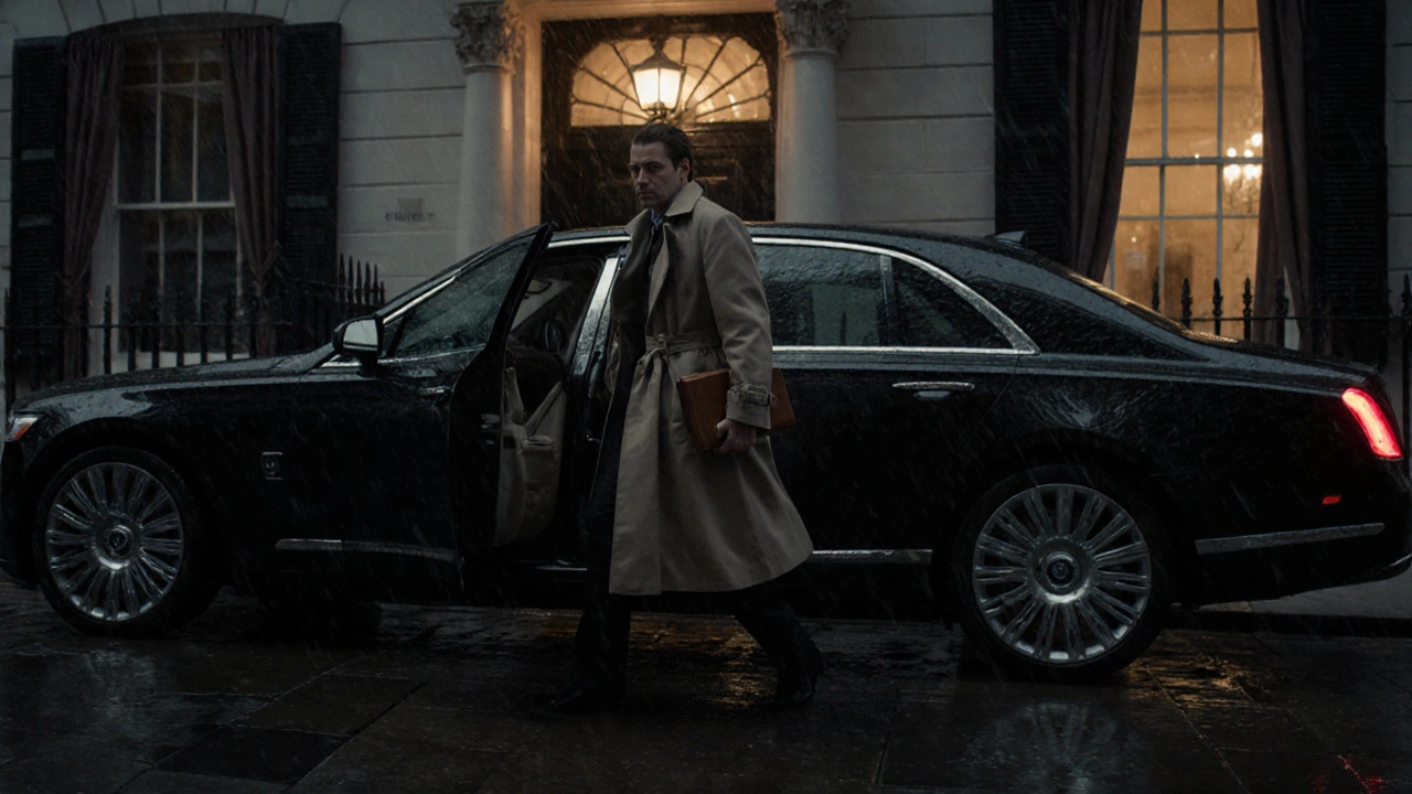 A discreet escort arriving at a London townhouse at dusk, elegant and private.