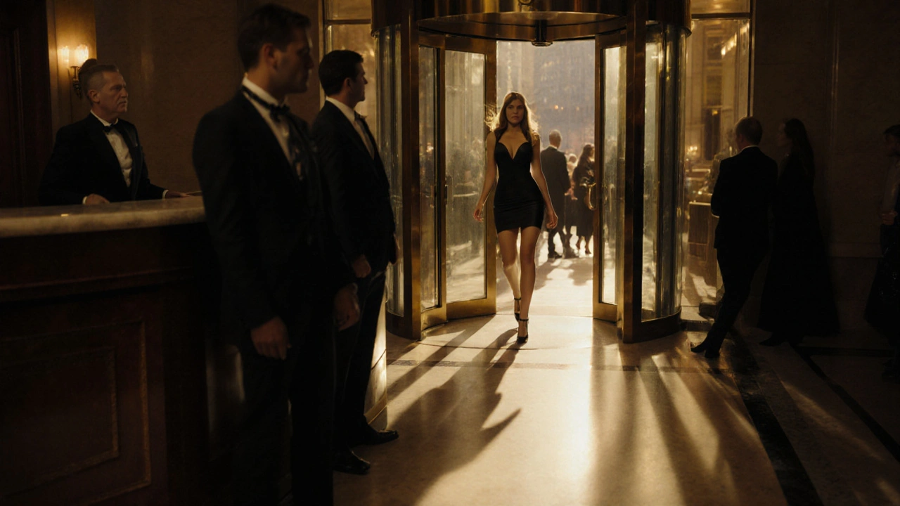 A glamorous escort leaving a London hotel as clients wait nearby on a busy Friday evening.