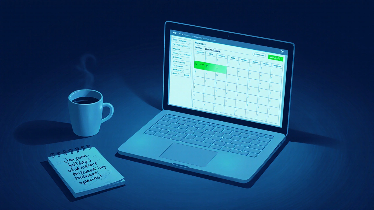 A laptop screen showing open booking slots with notes about midweek discounts in the early hours of Tuesday.