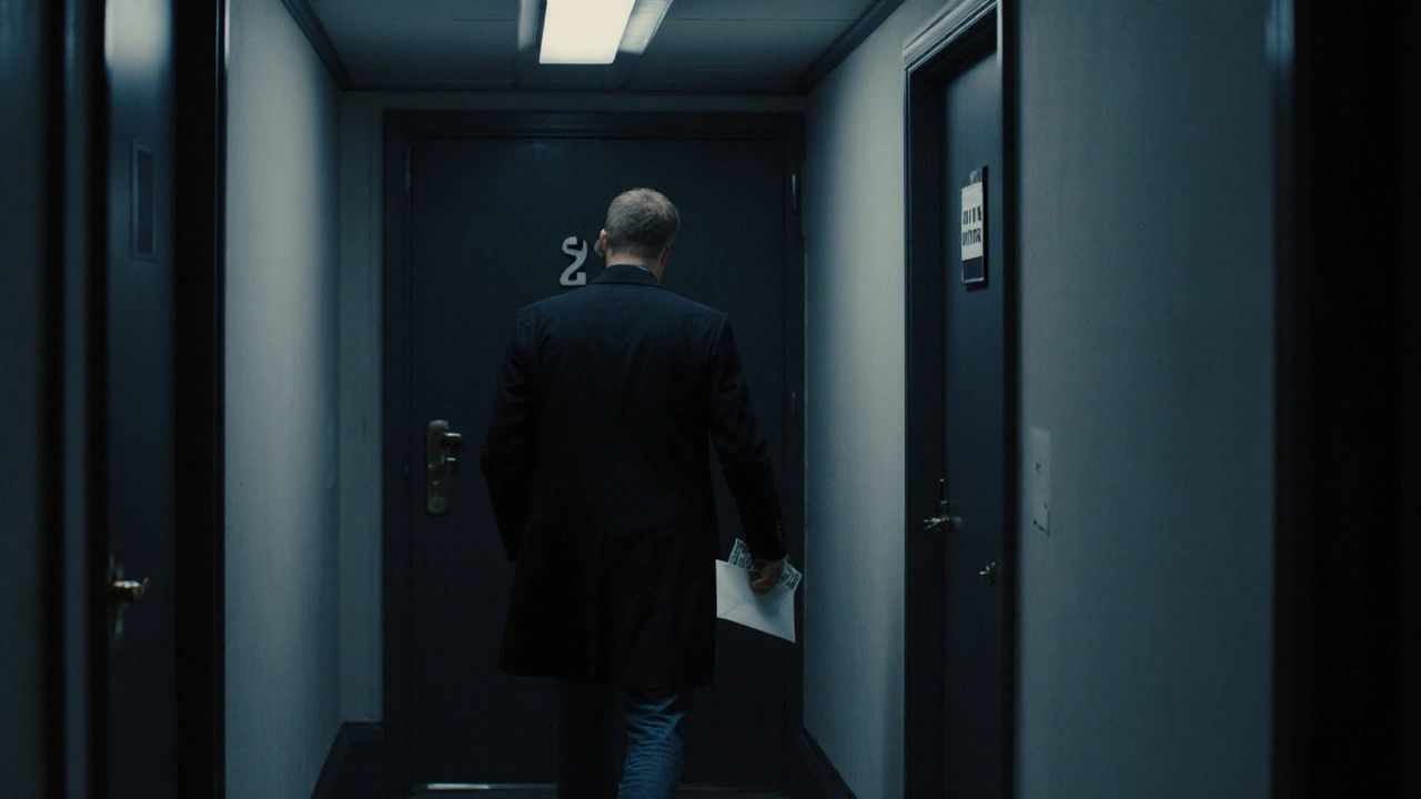 A man walking away from a hotel room door in a quiet London hallway, holding cash after a private appointment.