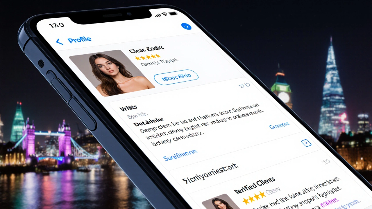 A smartphone displaying a discreet escort profile with clear photos and reviews, set against a blurred city night.