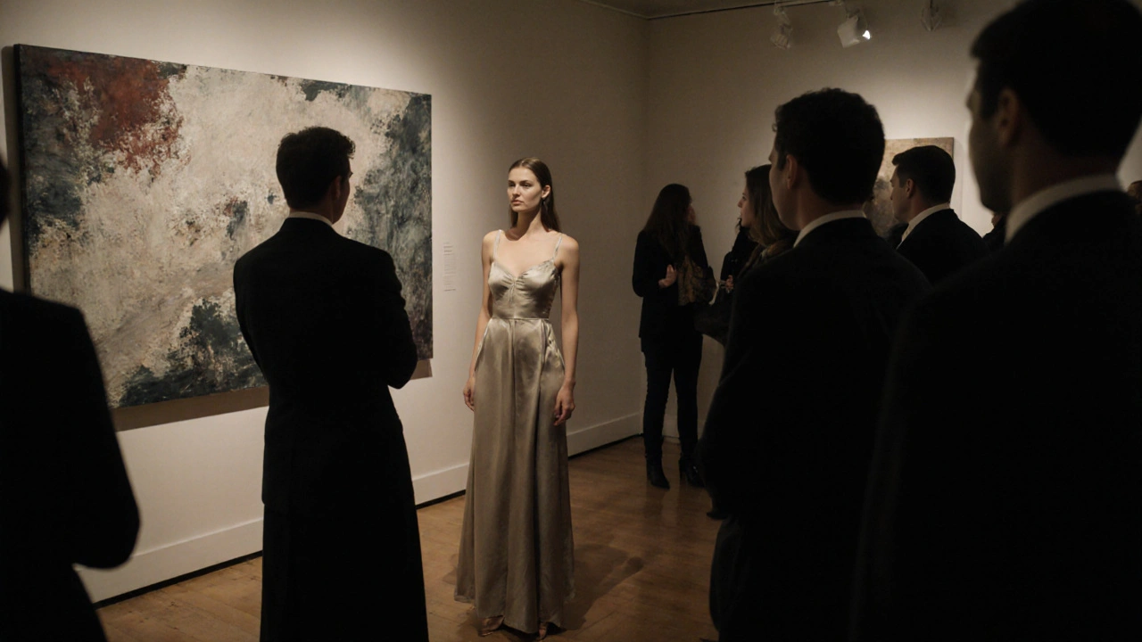 A sophisticated companion and client discussing art in a private Mayfair gallery.