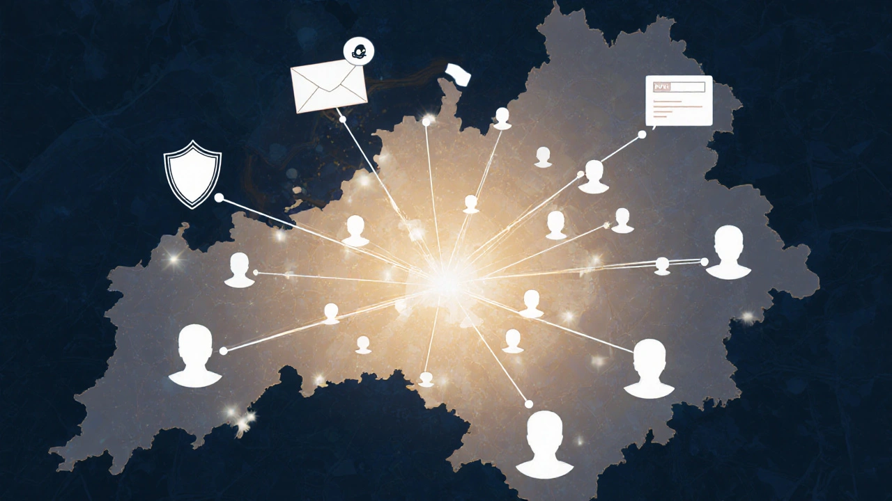 Abstract London map with glowing lines linking anonymous figure icons and safety symbols.