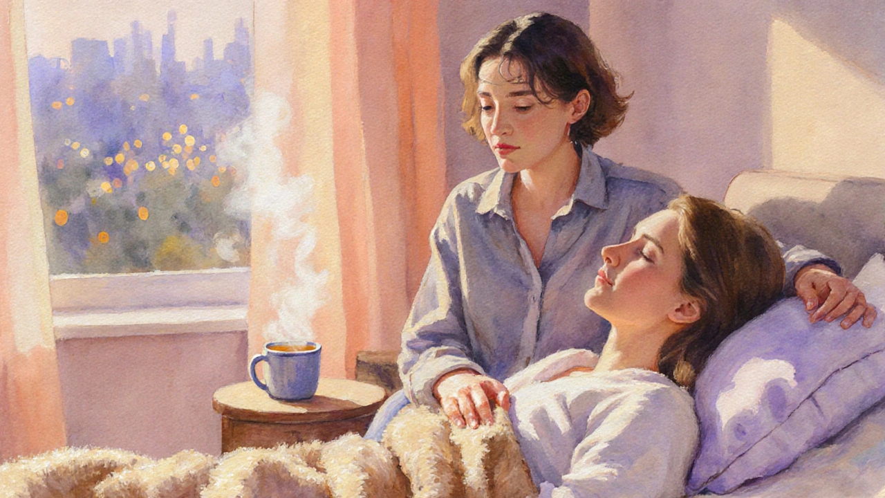 Aftercare scene with blankets, tea, and gentle touch in a pastel‑toned bedroom.