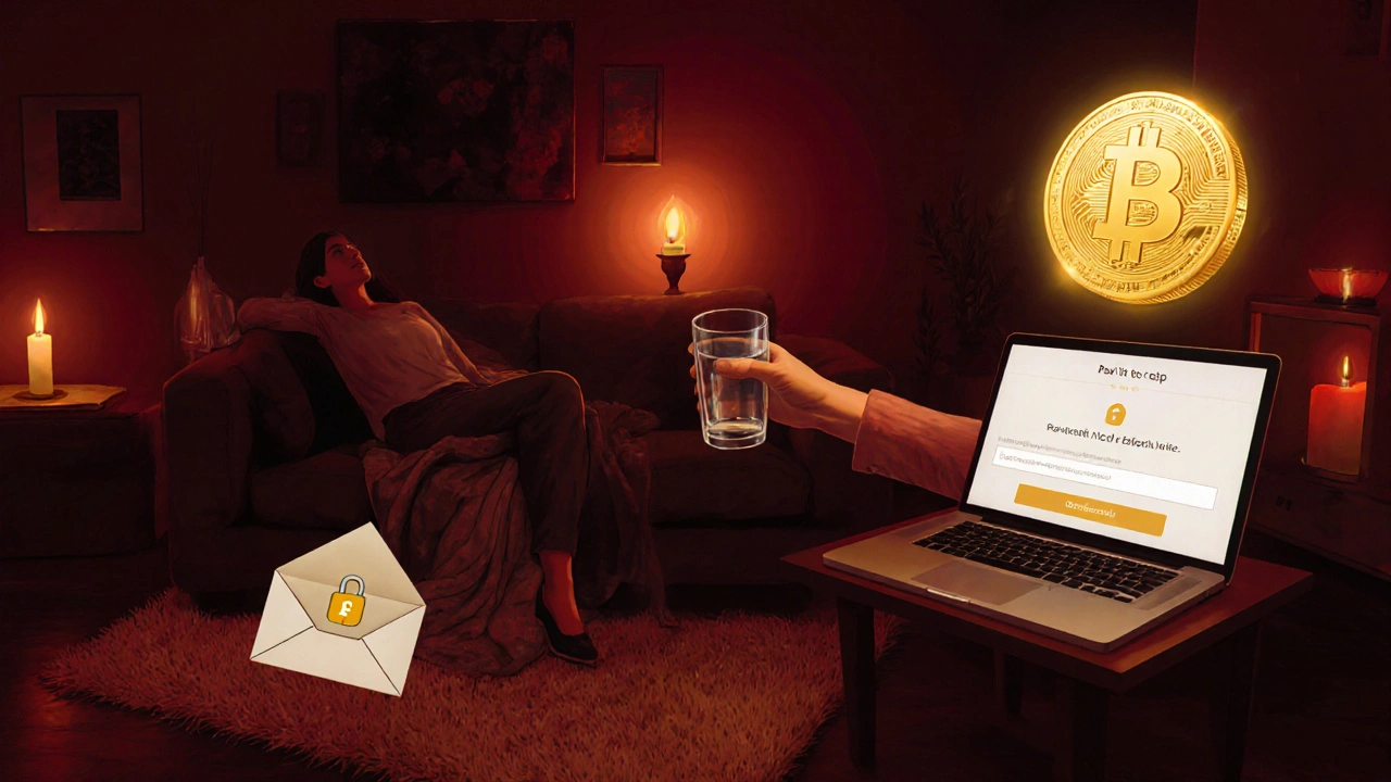Aftercare scene with candlelit room, water glass, and discreet payment symbols.