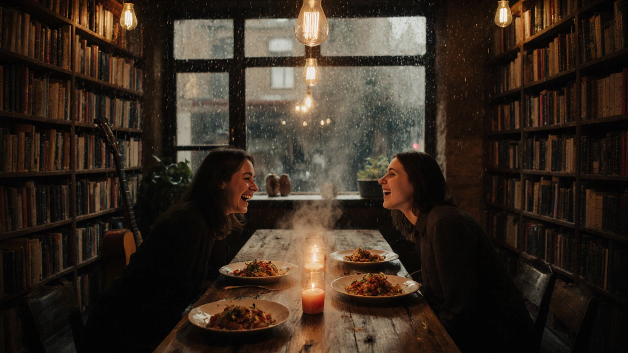 An intimate dinner in a hidden basement supper club, lit by candles, with books lining the walls.