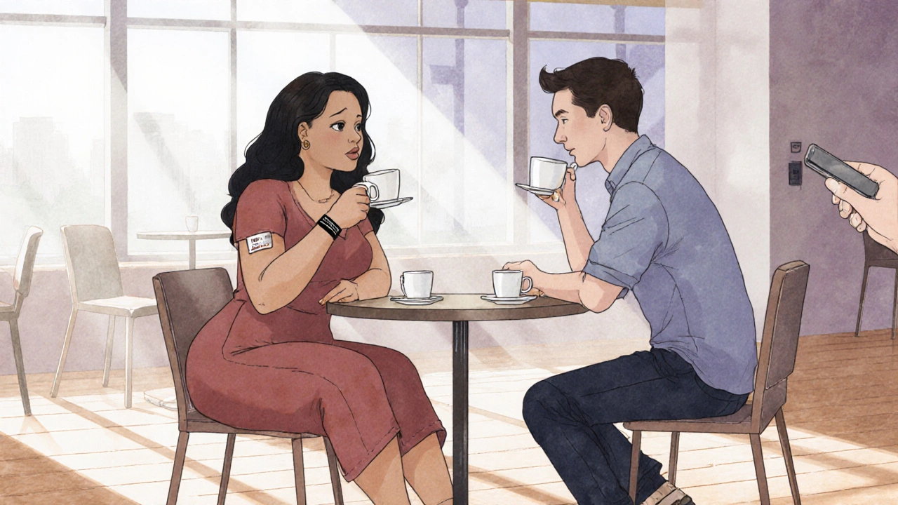 BBW escort and client sharing coffee in a bright café lobby, emphasizing safety.