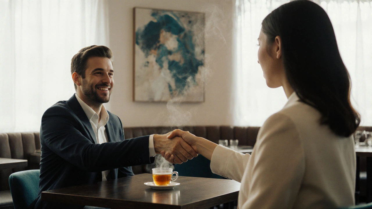 Client and companion sharing a handshake in a refined cafe, conveying professionalism.