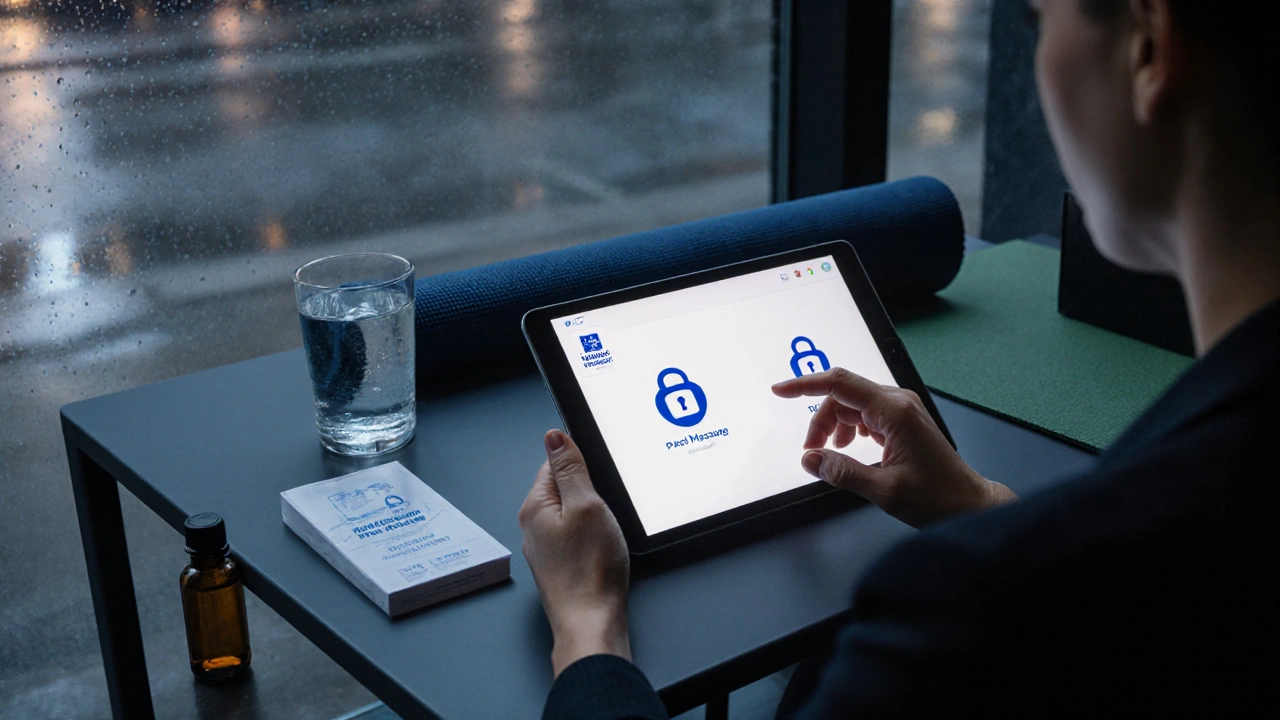 Client reviewing a secure booking on tablet with consent badge and after‑care items.