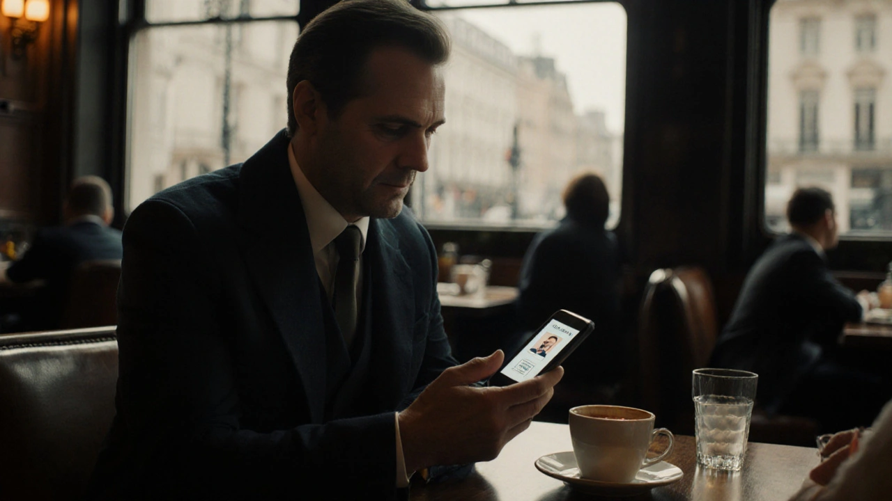 Couple meeting in a quiet café, exchanging a verified ID badge for safety.
