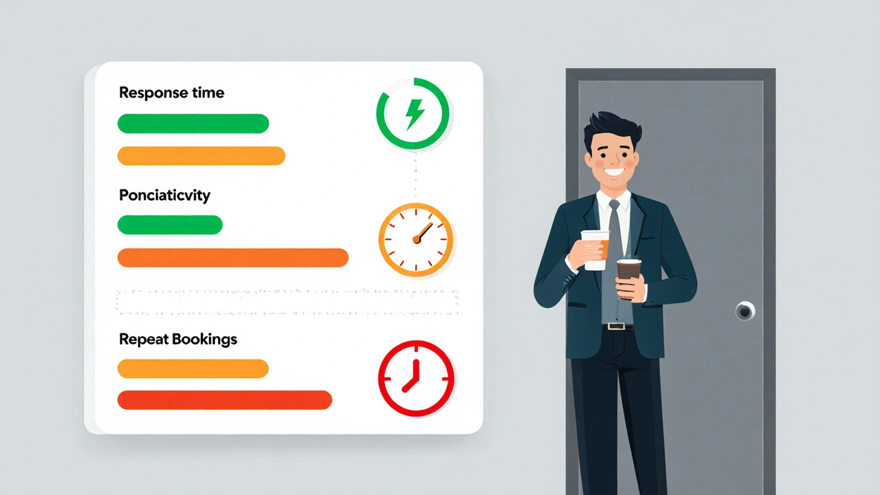 Dashboard of performance metrics with satisfied escort nearby.