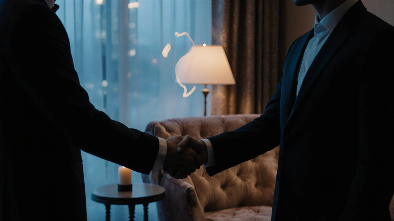 Discreet handshake between client and escort in a softly lit private suite.