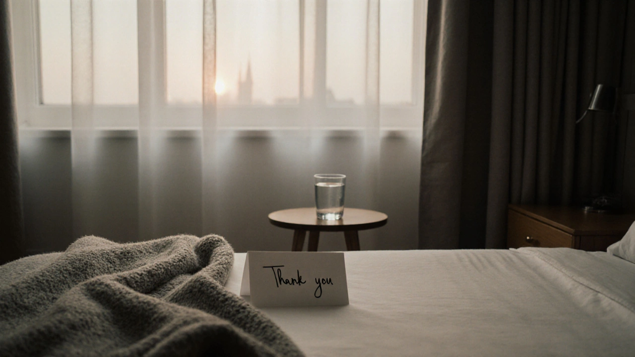 Empty bedroom at dawn with a glass of water and blanket—quiet aftercare after a session.