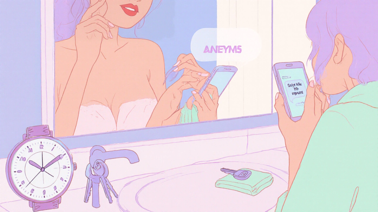 Escort grooming and reviewing a pre‑meet message on phone.