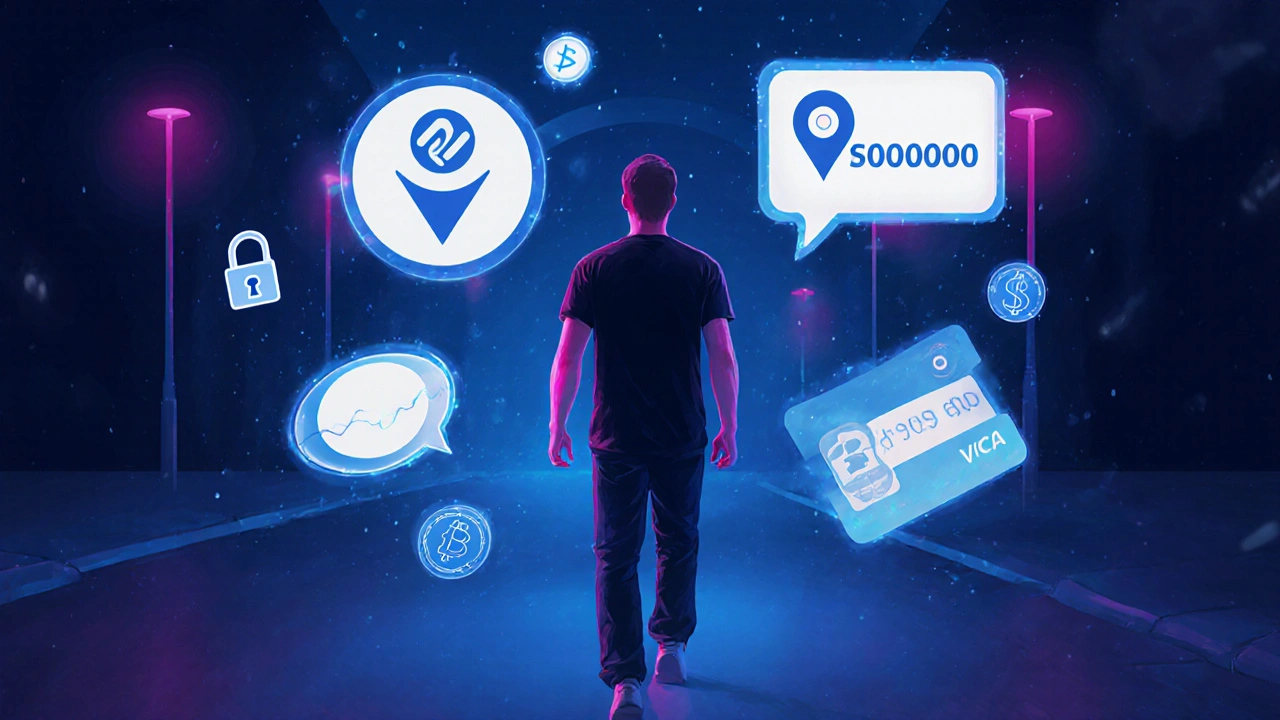 Figure walking with holographic GPS, virtual phone, encrypted chat, and payment icons.