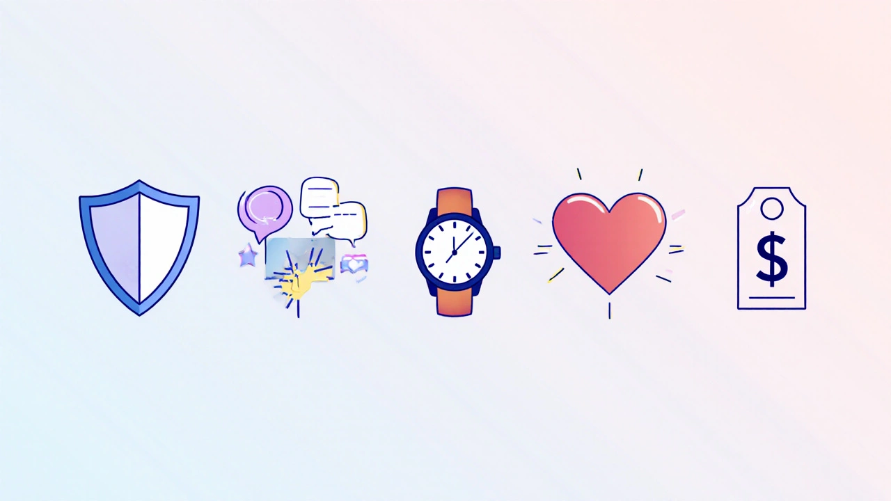 Flat icons representing safety, professionalism, communication, chemistry, and pricing transparency.