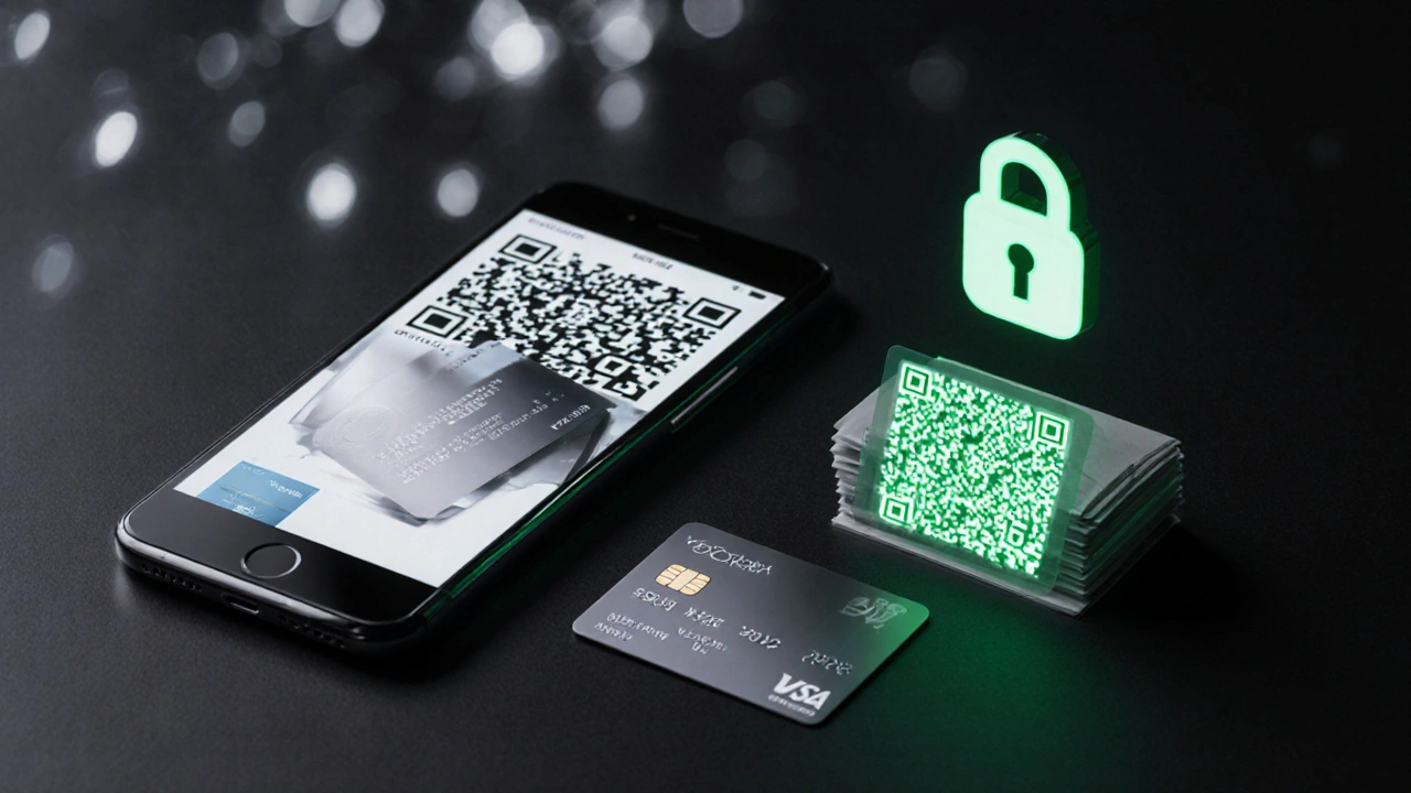 Flat‑lay of credit card, phone with crypto QR code, vouchers, and padlock symbol.