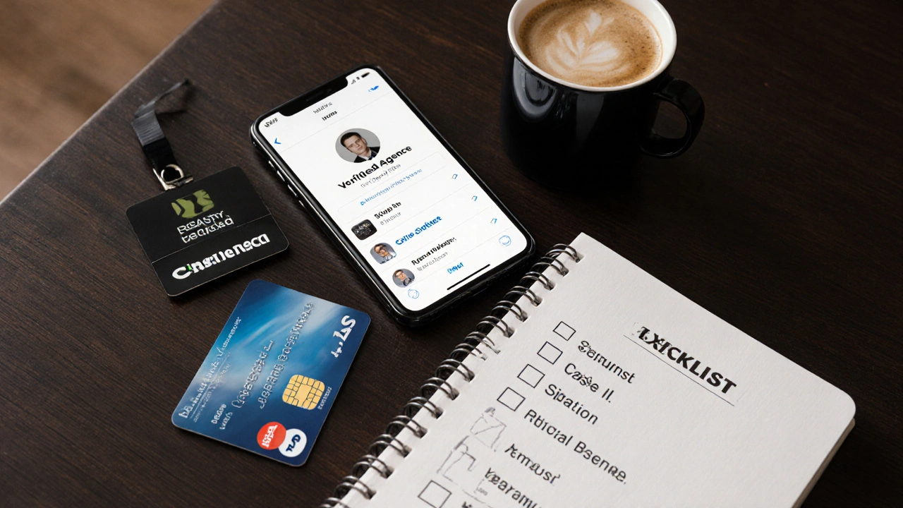 Flat‑lay of phone, ID badge, card, and checklist for safe booking.