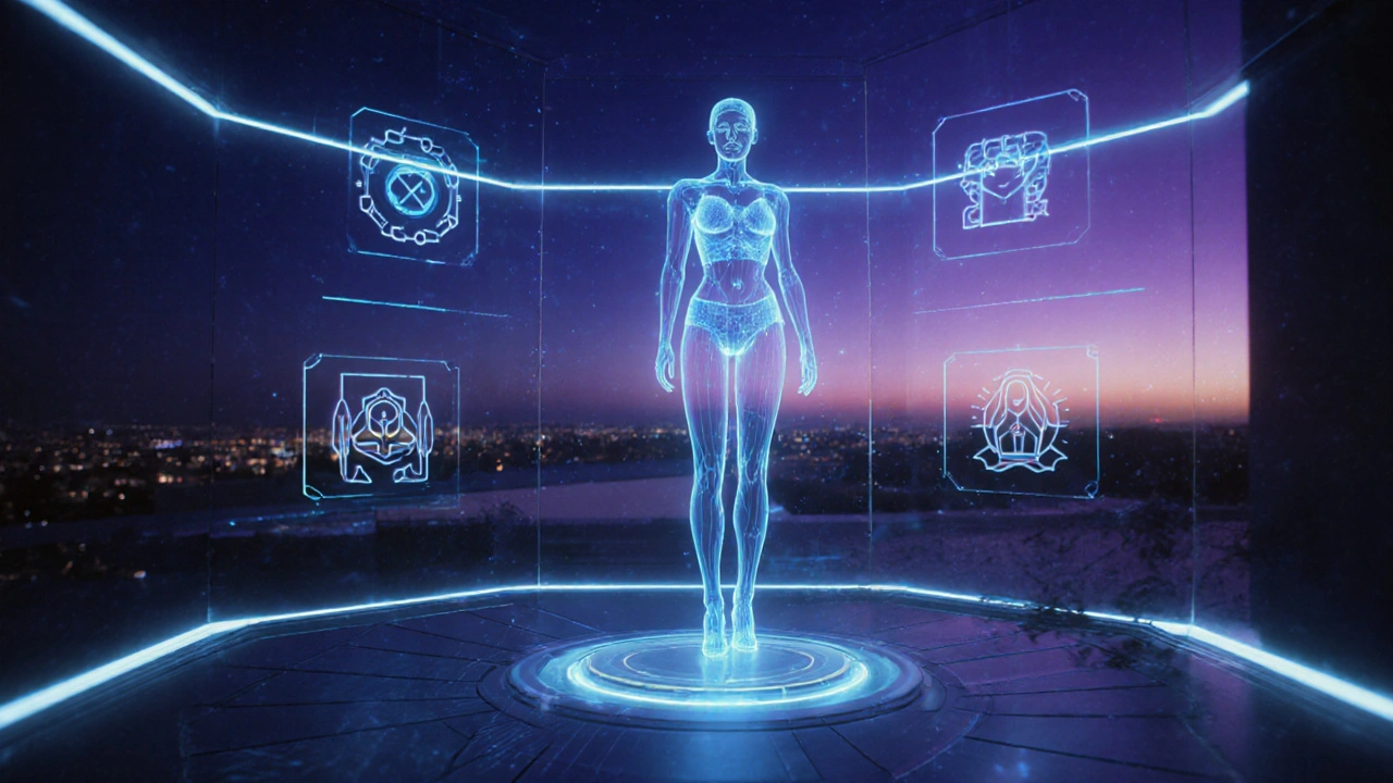 Futuristic holographic petite avatar in a neon-lit space, suggesting virtual companionship.