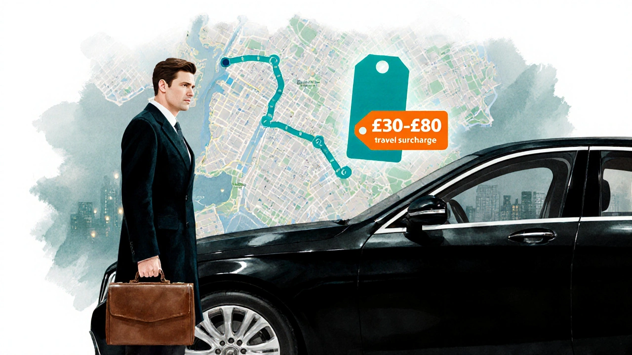 Illustrated escort beside a car with a London map and highlighted travel surcharge.