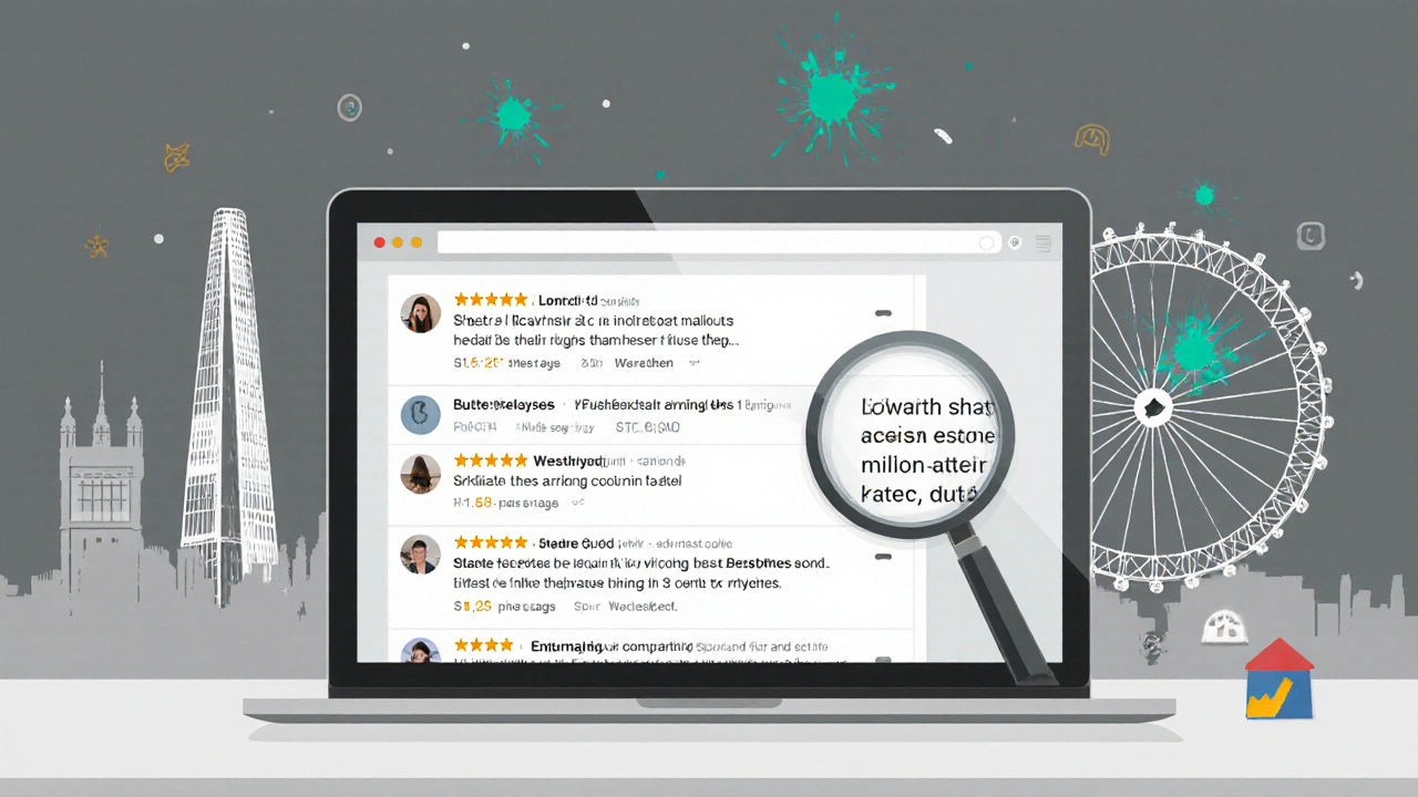 Laptop showing layered escort reviews with a magnifying glass highlighting details.