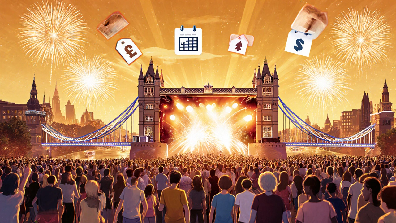 London Bridge City Music Festival scene with calendar and price icons.