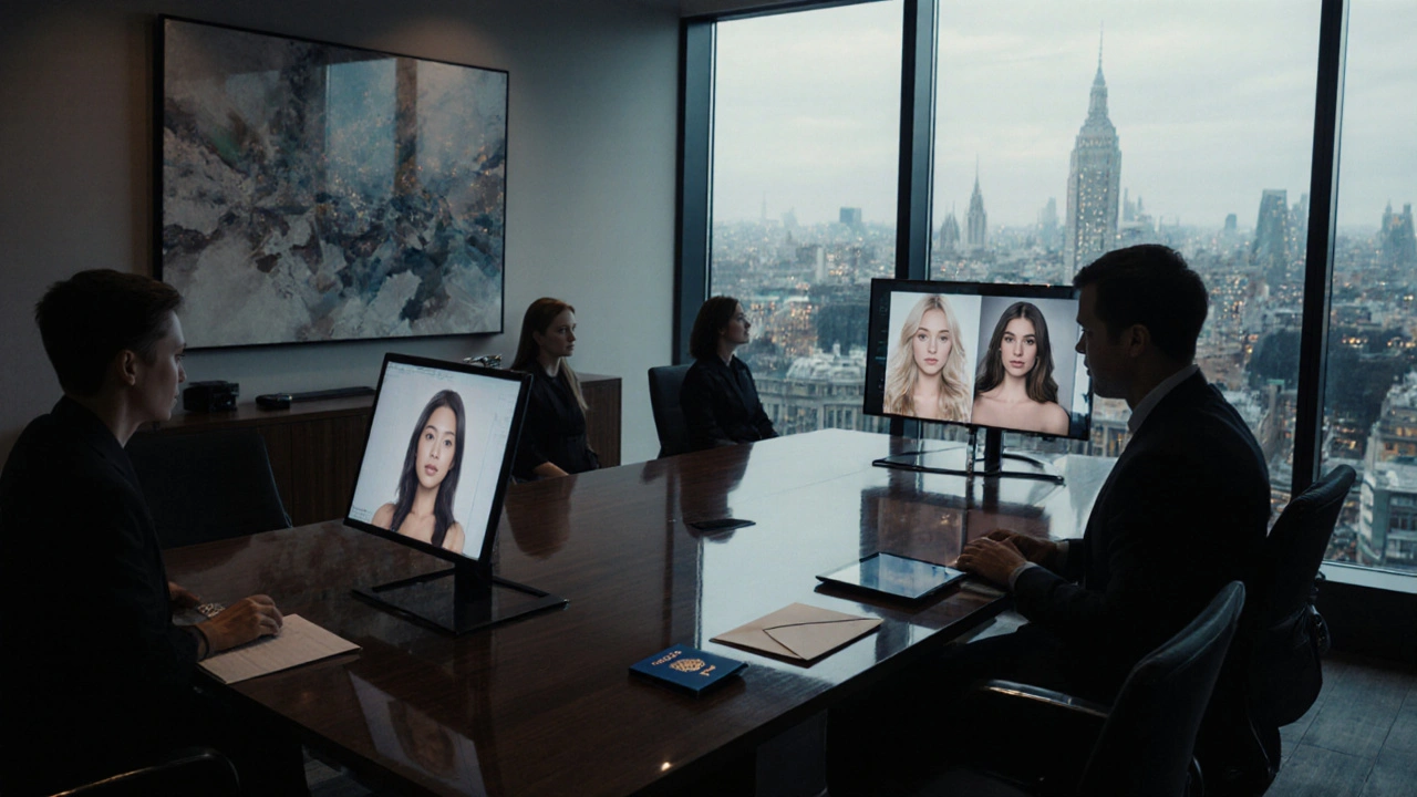 Luxurious agency office showing staff reviewing secure digital profiles beside verification documents.