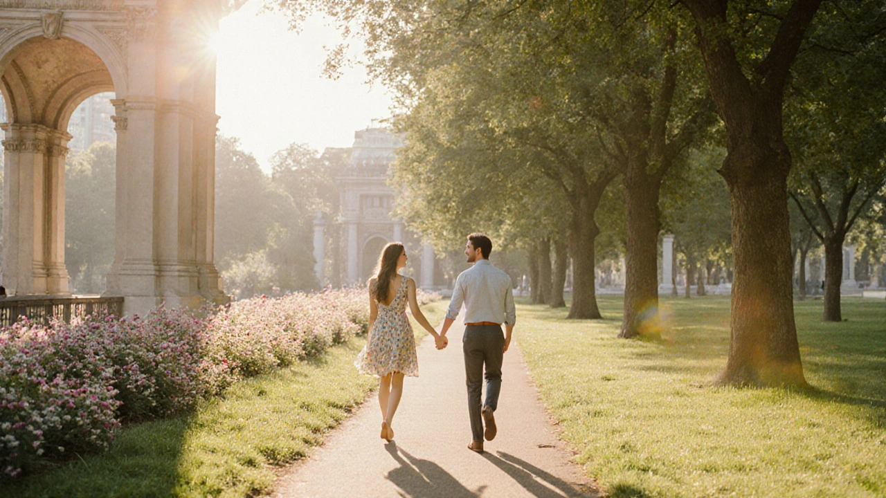 Man and woman holding hands while walking in a sunny London park.