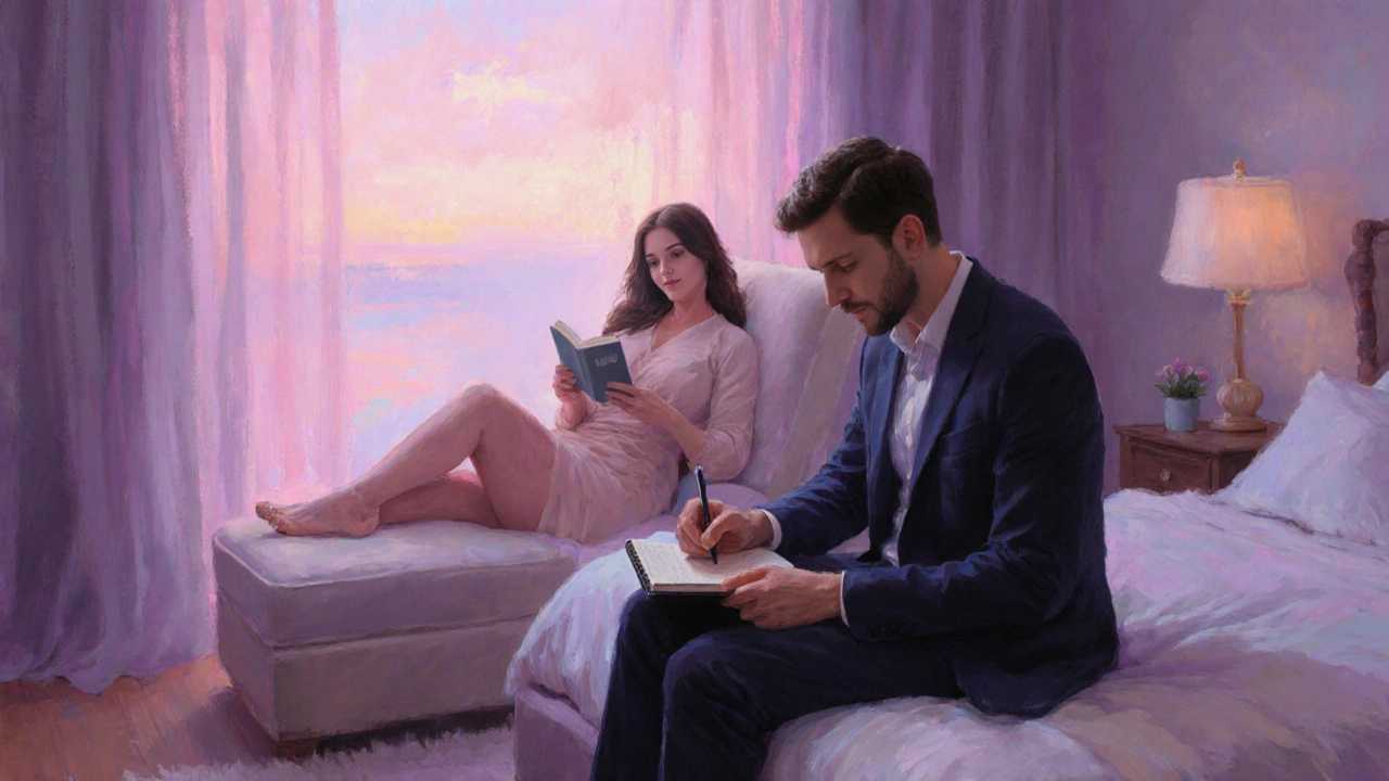 Man journaling beside a relaxed curvy woman in a pastel‑toned bedroom.