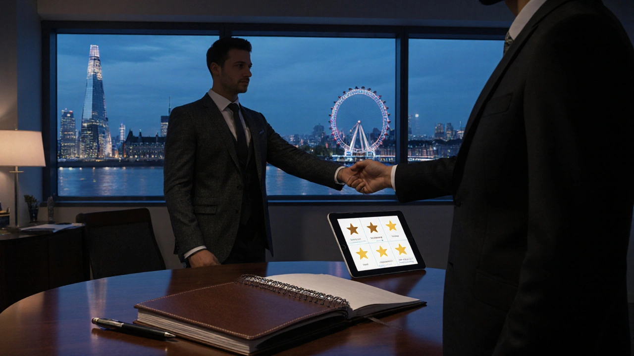 Modern agency office with a suited escort greeting a client, London skyline visible.
