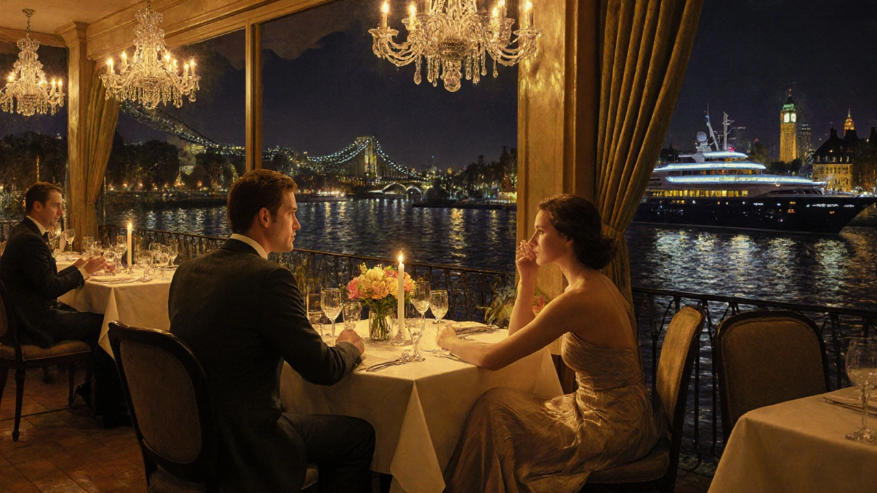 Romantic dinner on a terrace with a tuxedoed gentleman and companion at a candlelit table overlooking the Thames.