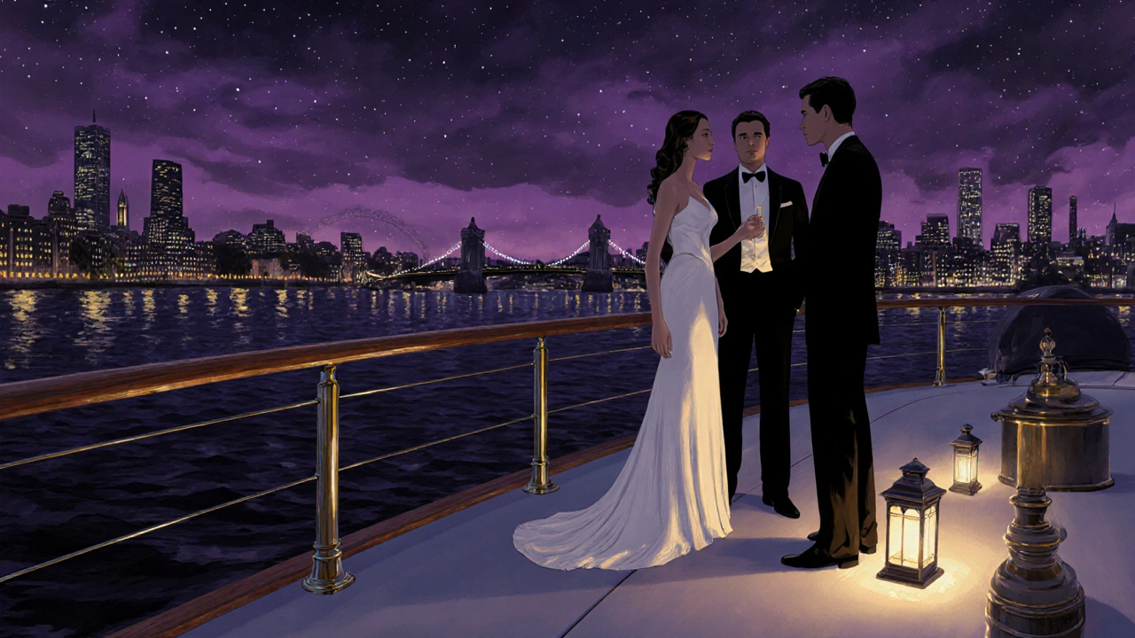 Silhouetted escort and client on a nighttime yacht on the Thames, lantern light.