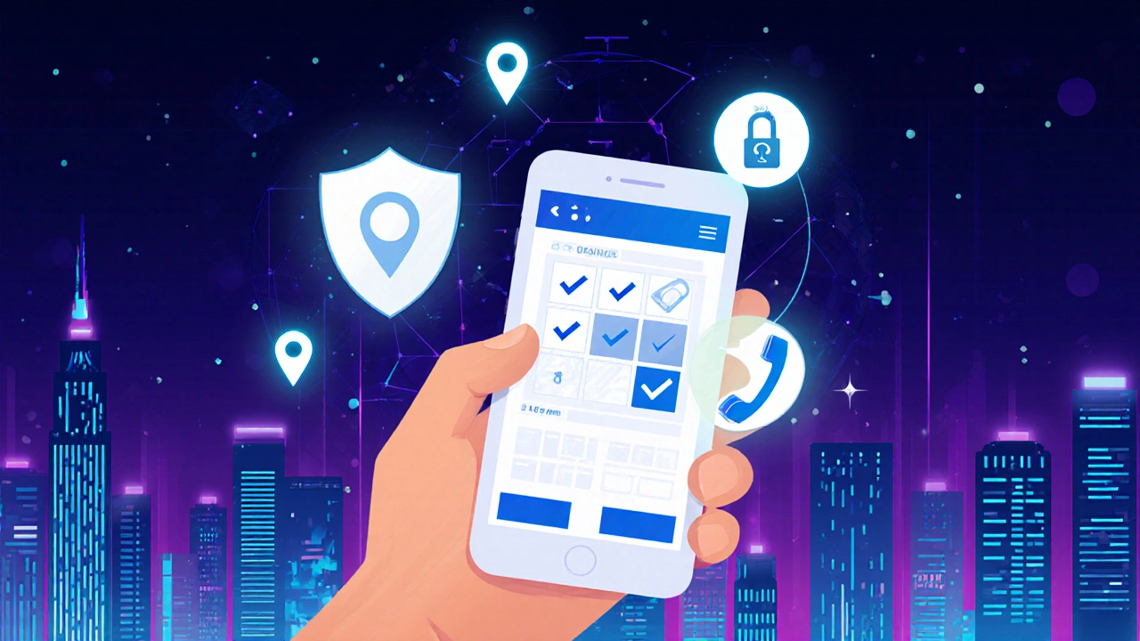 Smartphone displaying abstract booking app UI with security and GPS icons against a neon city backdrop.