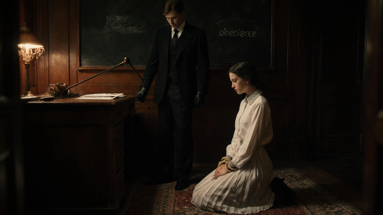 Teacher‑style dominant and kneeling student in a dim study, highlighted by a desk lamp.