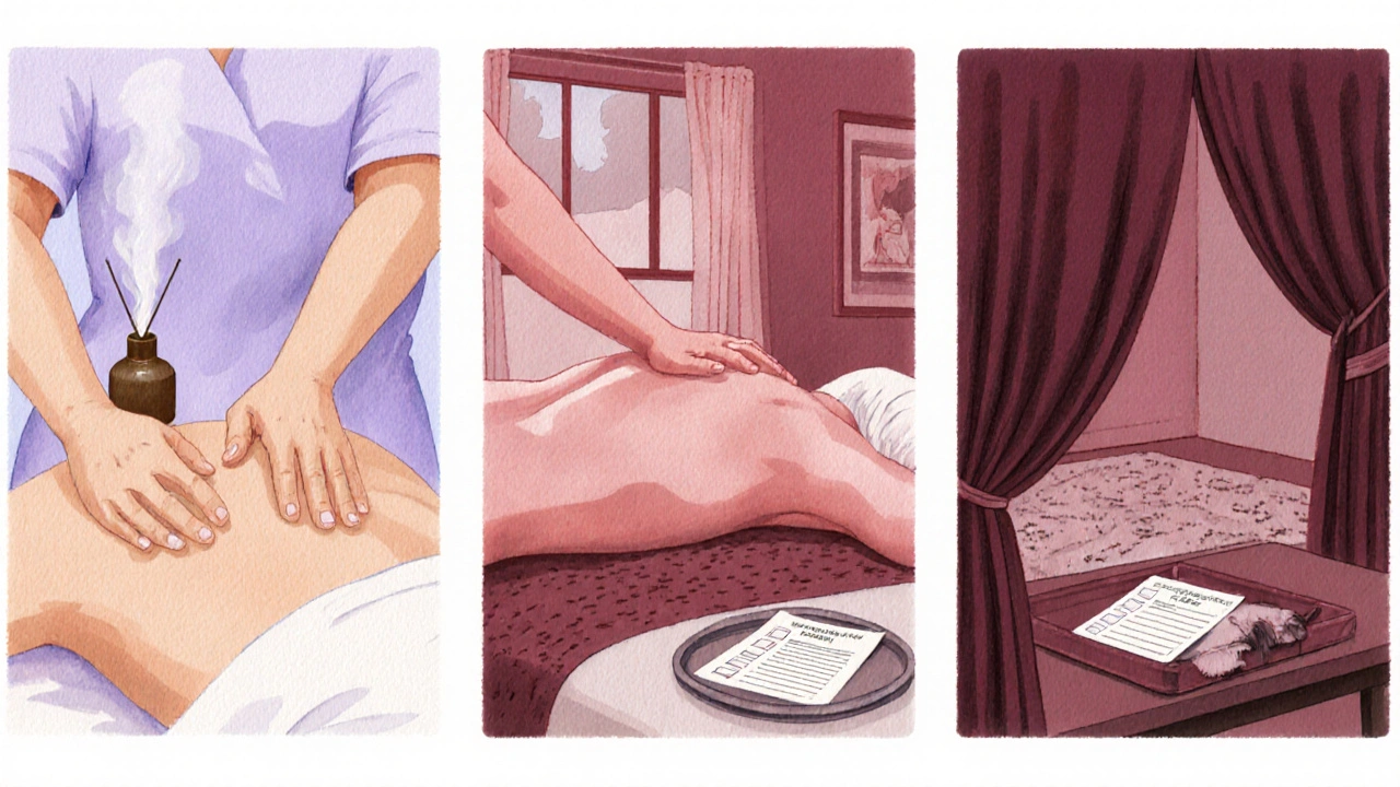 Three watercolor scenes showing relaxation, sensual, and full-body erotic massages.