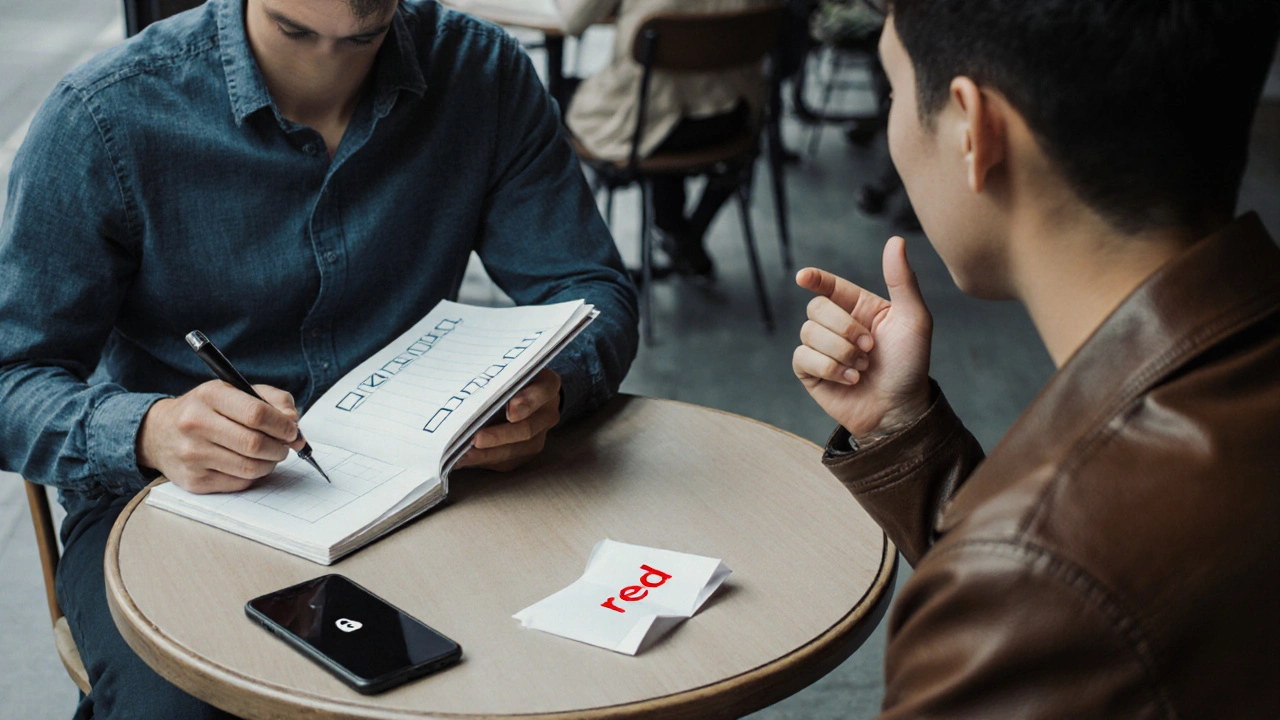 Two people negotiating at a café table with a notebook and encrypted phone chat.