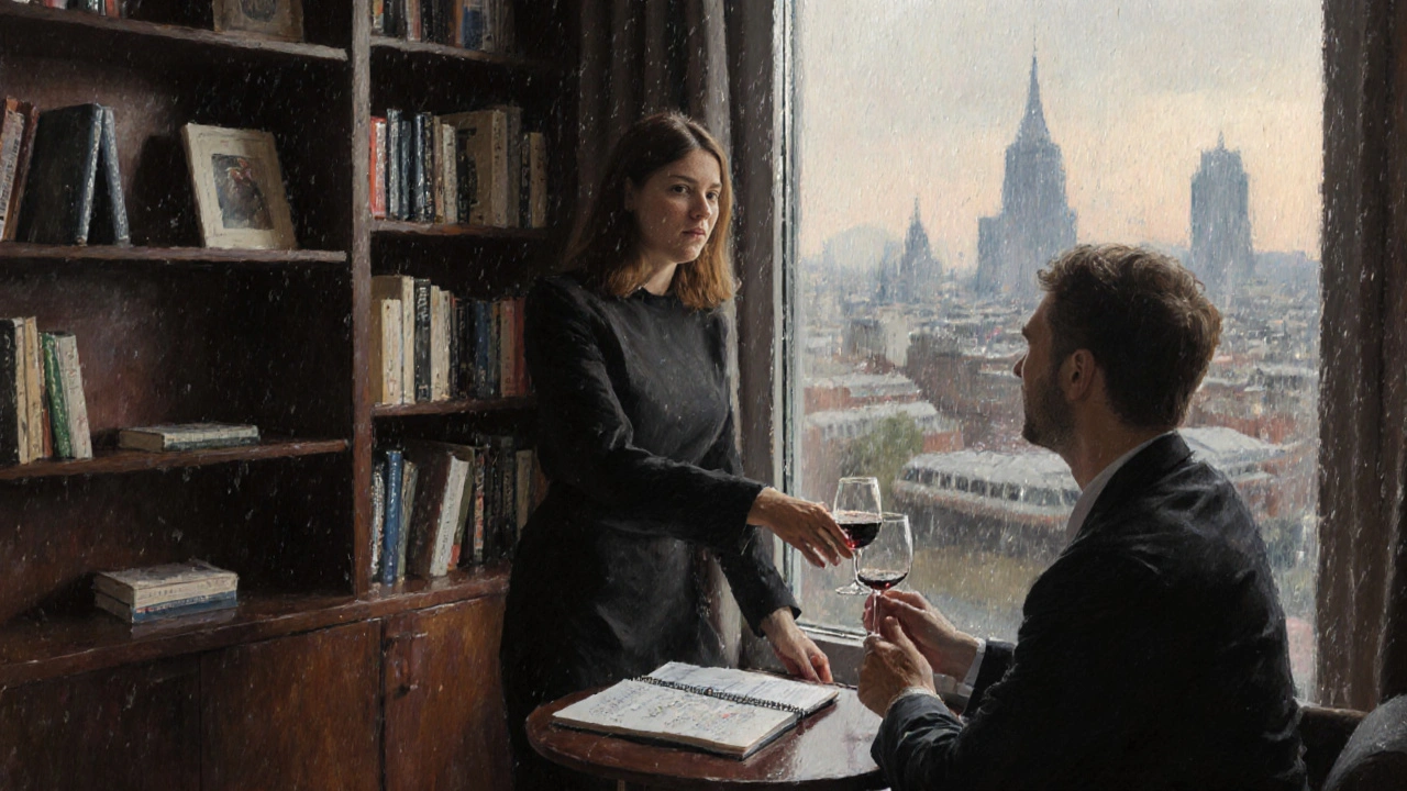 A brunette woman offers wine in a refined London lounge surrounded by books and art.