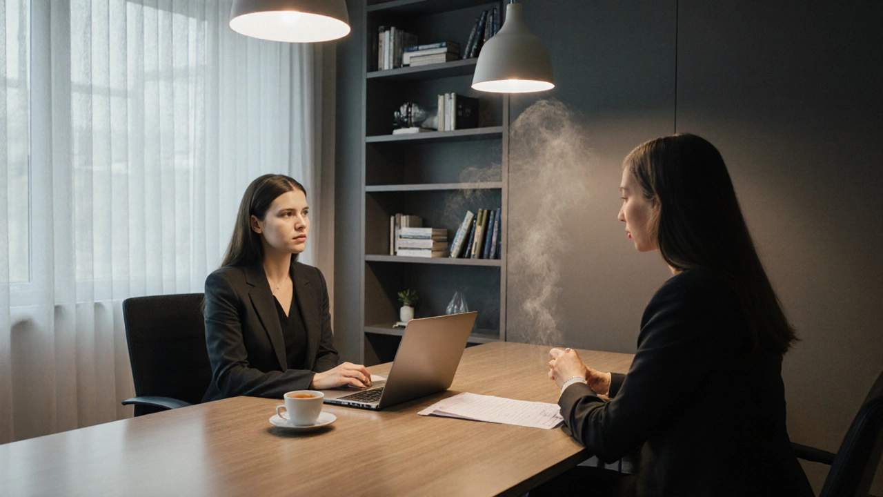 A client and dominant escort having a serious conversation in a calm office setting.