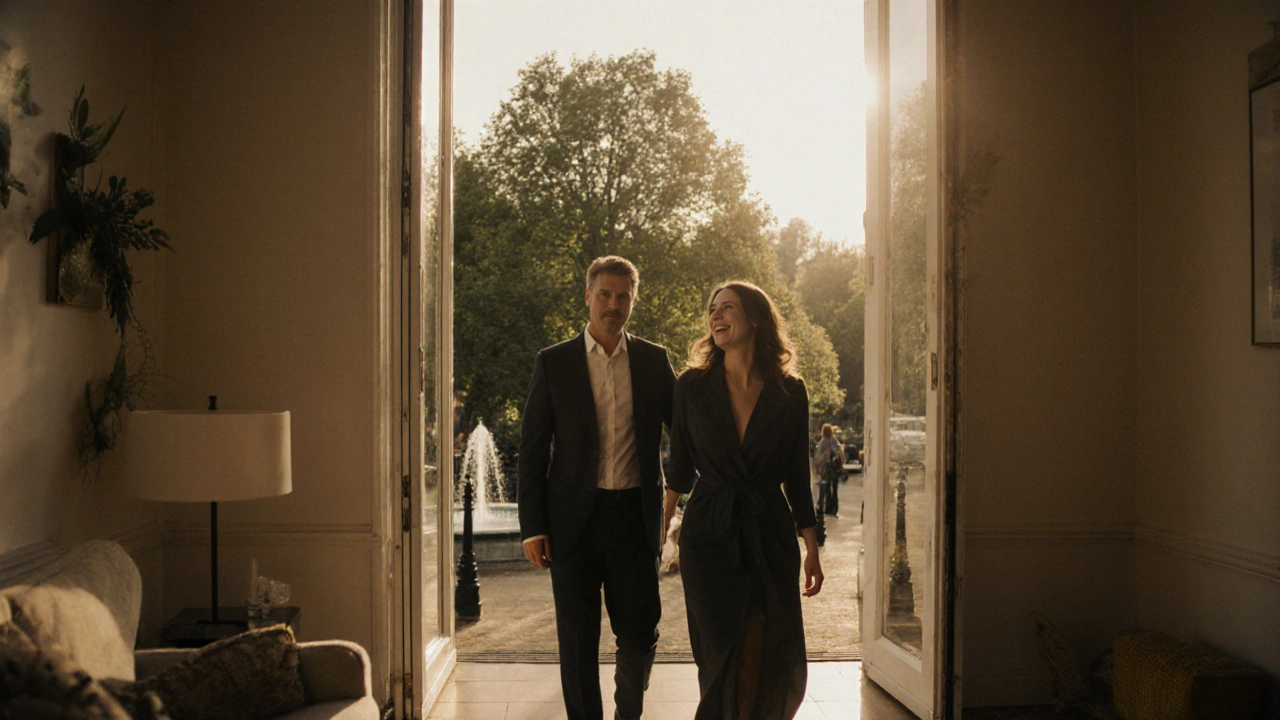 A client and escort walking together in Hyde Park during golden hour, smiling naturally.