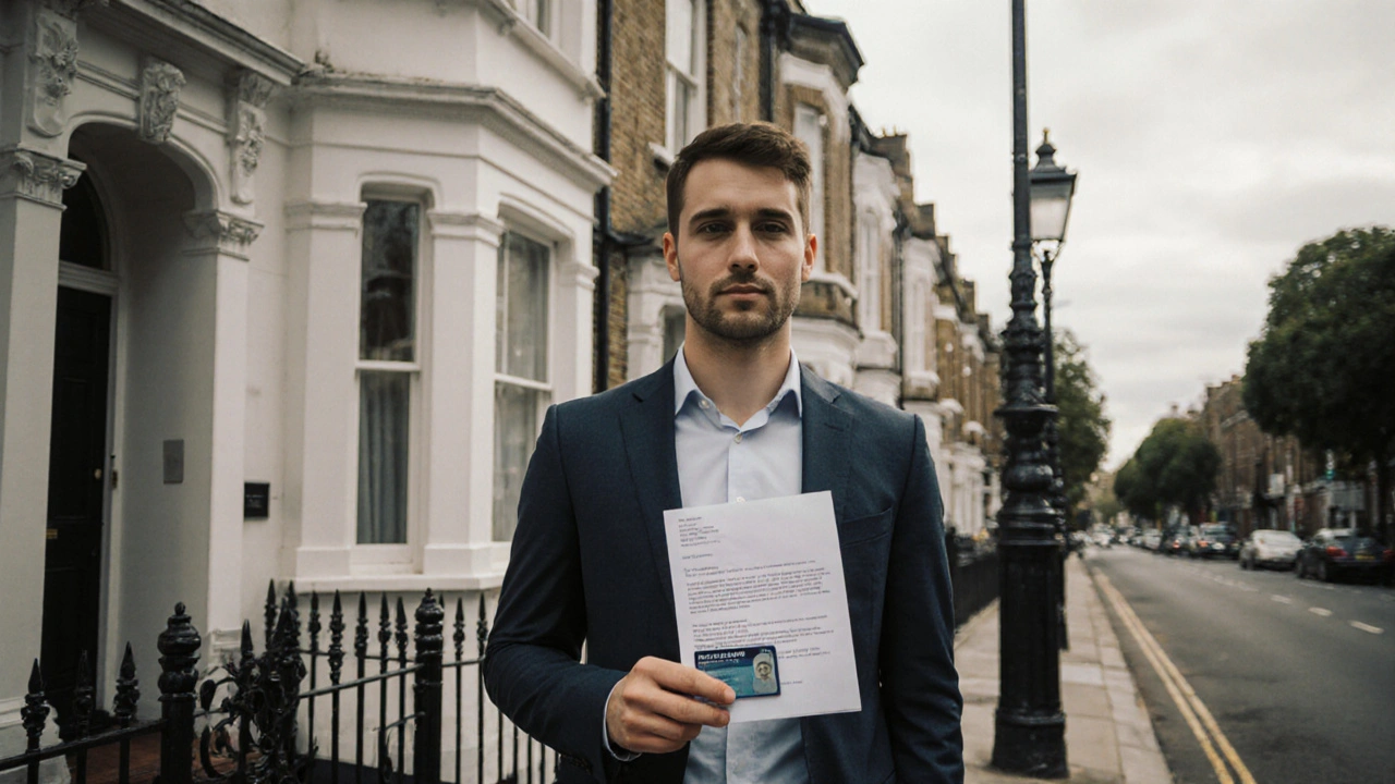 A client holding ID and booking confirmation outside a quiet residential building in Acton, ready for an appointment.