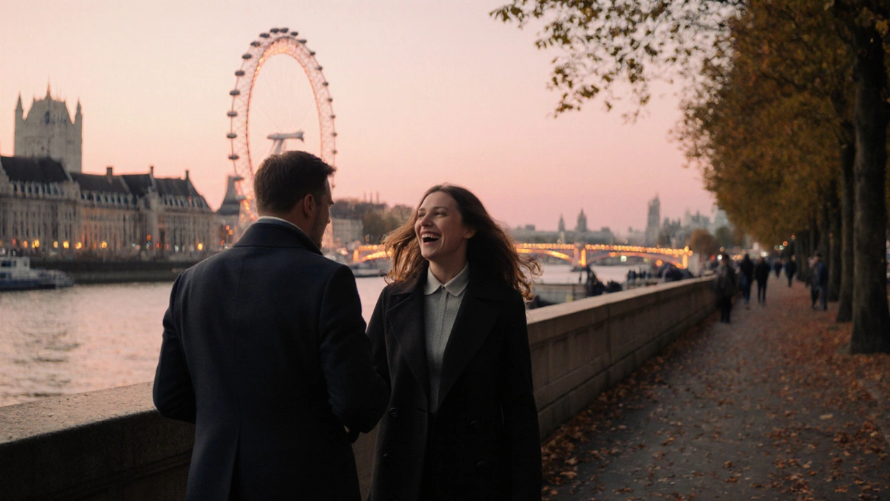 A couple walking along the Thames at sunset, laughing as autumn leaves swirl around them.