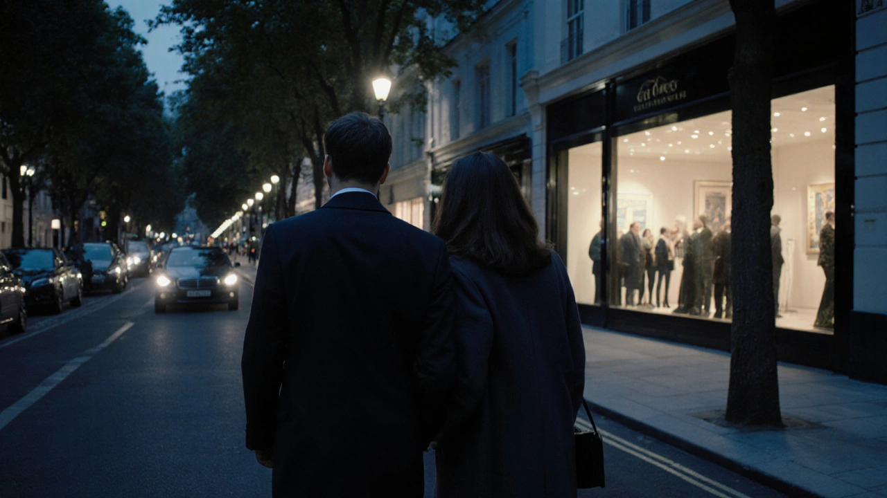 A couple walks peacefully through a quiet London street at dusk, embodying discreet companionship.