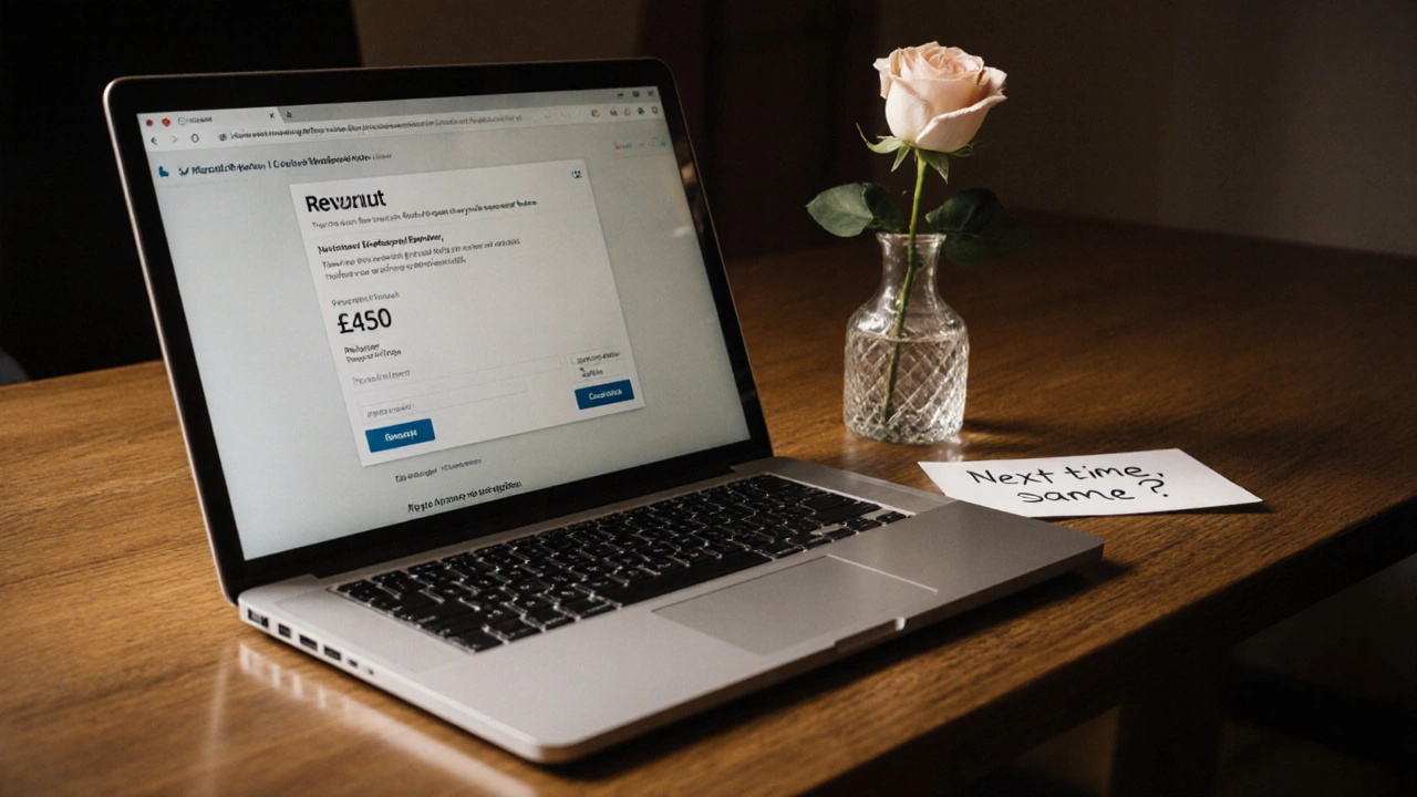A desk with a payment notification, a rose, and a handwritten note, symbolizing trust and routine.