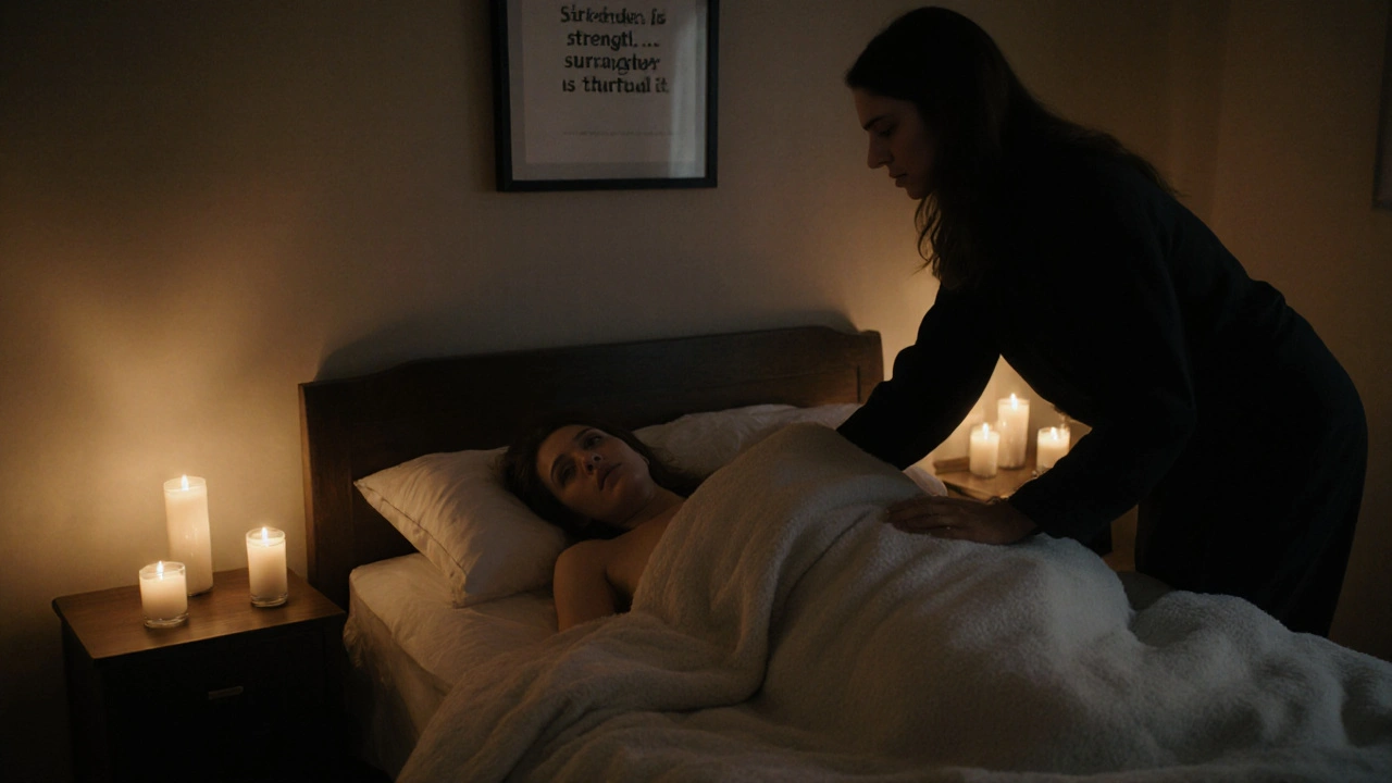 A dominant escort gently placing a weighted blanket on a client after a session.