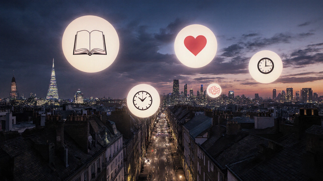 A glowing cityscape with symbolic orbs representing dignity, trust, and safety in escort services.