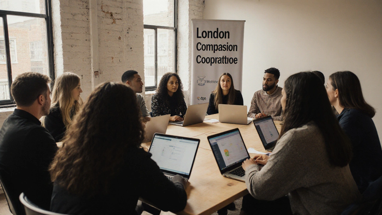 A group of diverse spinner escorts meeting in a collaborative London workspace.