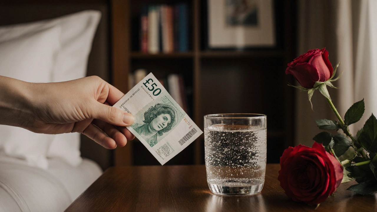 A hand leaving a tip on a table with a glass of water and a red rose, symbolizing appreciation.