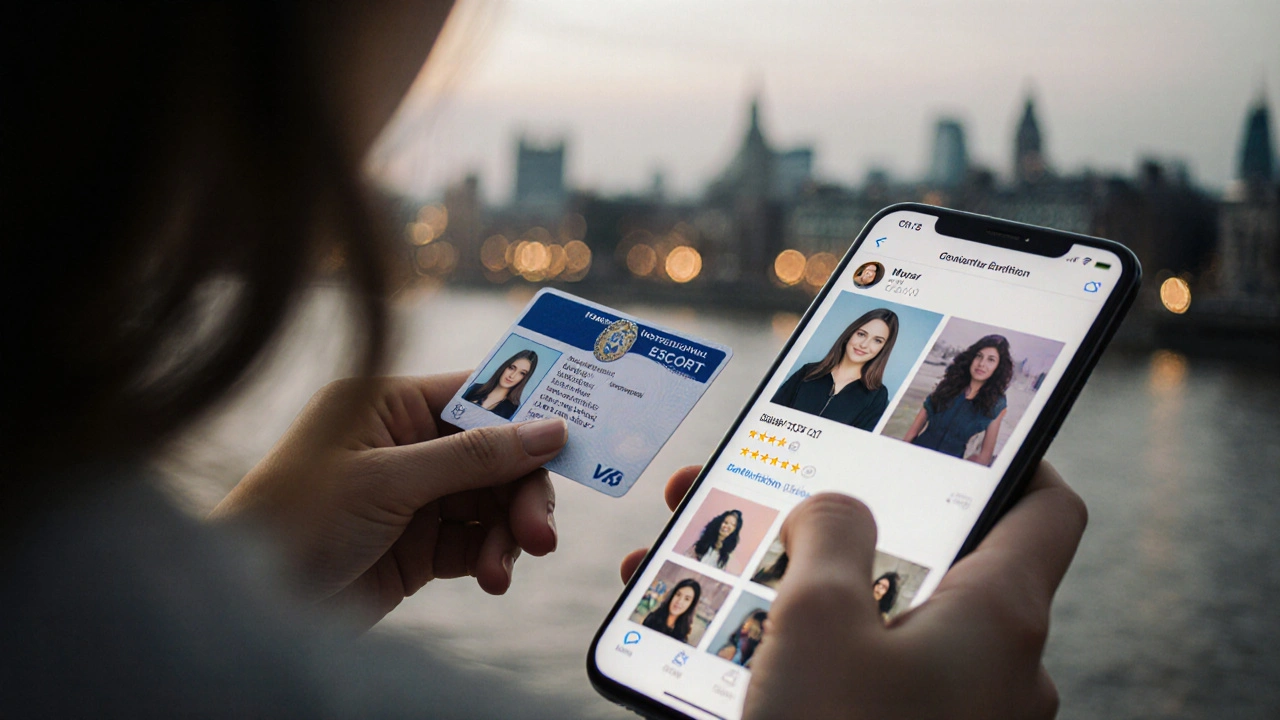 A hand placing a blurred ID next to a smartphone showing a professional escort profile.