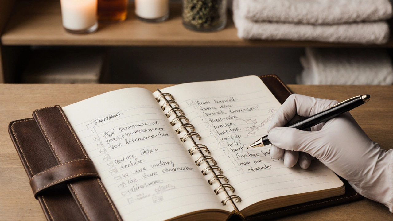 A handwritten journal details client preferences with care and professionalism.